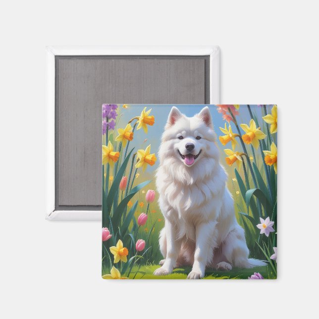 Samoyed Dog Spring Flowers Painting  Magnet (Front/Back)
