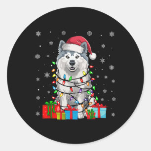 Samoyed Dog Ugly Xmas Lights Santa Hat Samoyed Dog Classic Round Sticker