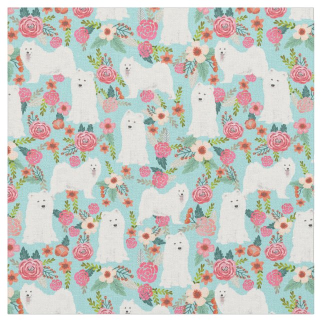 Samoyed dog vintage florals light blue fabric (Close Up)