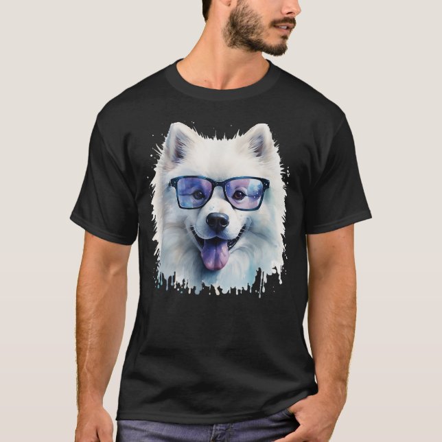 Samoyed Dog Wearing Glasses Watercolor T-Shirt (Front)