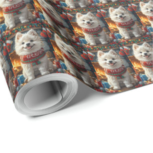 Samoyed Dog With Christmas Gifts Fireplace Wrapping Paper