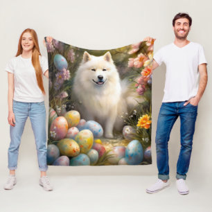 Samoyed Dog with Easter Eggs Holiday Fleece Blanket