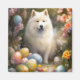 Samoyed Dog with Easter Eggs Holiday Magnet