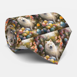 Samoyed Dog with Easter Eggs Holiday Tie