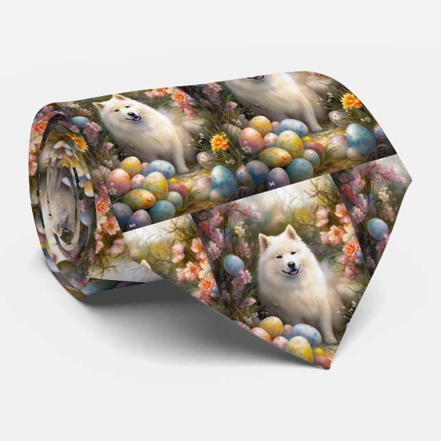 Samoyed Dog with Easter Eggs Holiday Tie (Rolled)