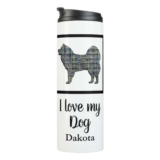 Samoyed Dog Yellow & Blue Grid Silhouette Thermal Tumbler (Rotated Right)