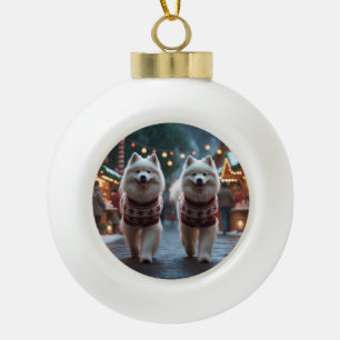 Samoyed Dogs Christmas Snow Holiday Ceramic Ball Christmas Ornament