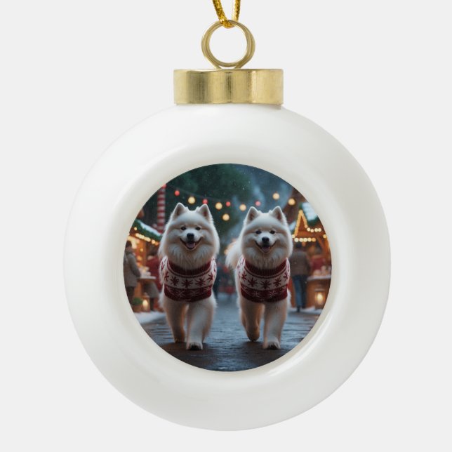 Samoyed Dogs Christmas Snow Holiday Ceramic Ball Christmas Ornament (Front)