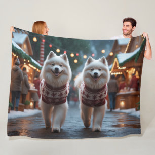 Samoyed Dogs Christmas Snow Holiday Fleece Blanket