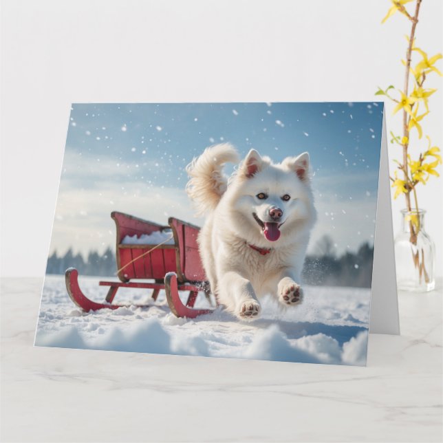 Samoyed Festive Holiday Christmas Card (Yellow Flower)