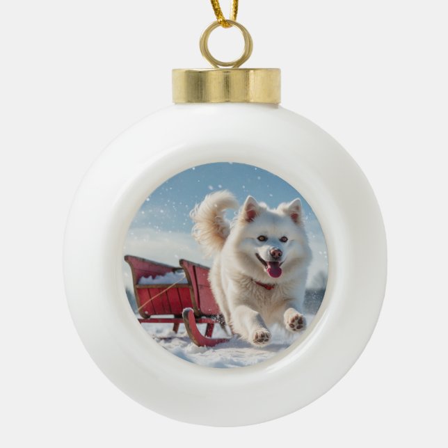 Samoyed Festive Holiday Christmas Ceramic Ball Christmas Ornament (Front)