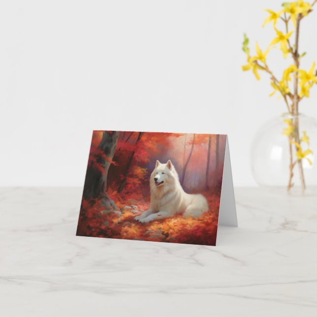 Samoyed in Autumn Leaves Fall Inspire  Card (Yellow Flower)