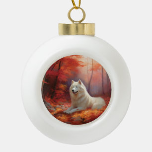 Samoyed in Autumn Leaves Fall Inspire Ceramic Ball Christmas Ornament