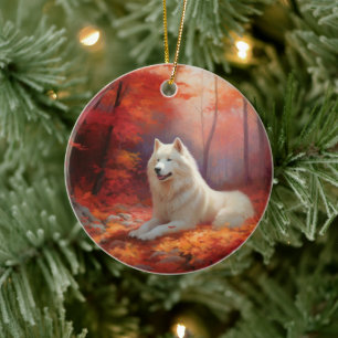 Samoyed in Autumn Leaves Fall Inspire Ceramic Ornament