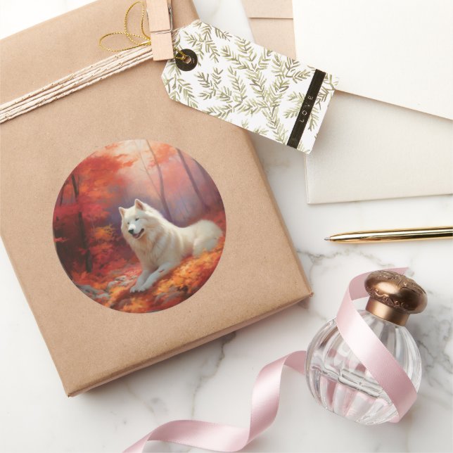 Samoyed in Autumn Leaves Fall Inspire  Classic Round Sticker (Gifting)