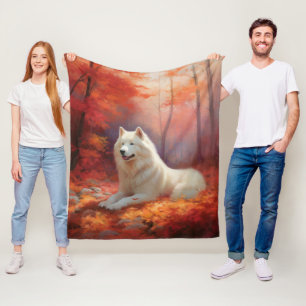 Samoyed in Autumn Leaves Fall Inspire  Fleece Blanket