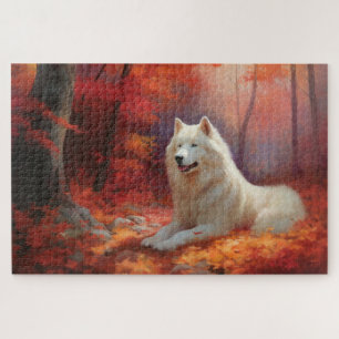 Samoyed in Autumn Leaves Fall Inspire Jigsaw Puzzle