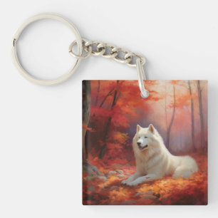 Samoyed in Autumn Leaves Fall Inspire  Key Ring