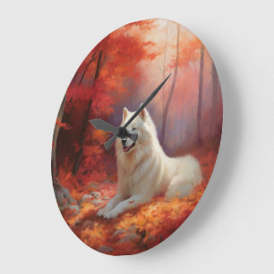 Samoyed in Autumn Leaves Fall Inspire  Large Clock