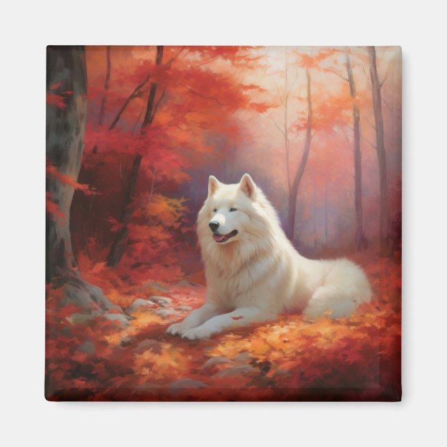 Samoyed in Autumn Leaves Fall Inspire  Magnet (Front)