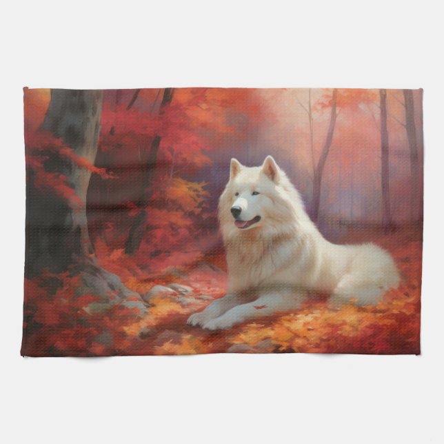 Samoyed in Autumn Leaves Fall Inspire  Tea Towel (Horizontal)