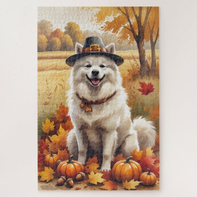 Samoyed In Autumn Leaves Thanksgiving Art Jigsaw Puzzle (Vertical)