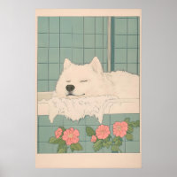 Samoyed in Bath Ukiyo-e Art Print Kawaii Dog
