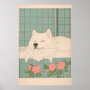 Samoyed in Bath Ukiyo-e Art Print Kawaii Dog
