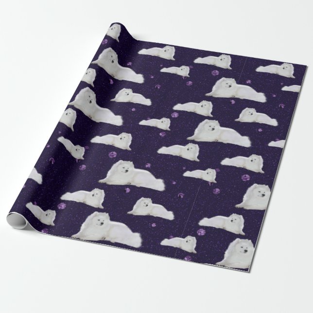 Samoyed in Purple Cosmos Gift Wrap (Unrolled)
