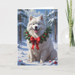 Samoyed in Snow with Holiday Wreath Winter Art Card