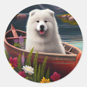 Samoyed on a Paddle: A Scenic Adventure Classic Round Sticker