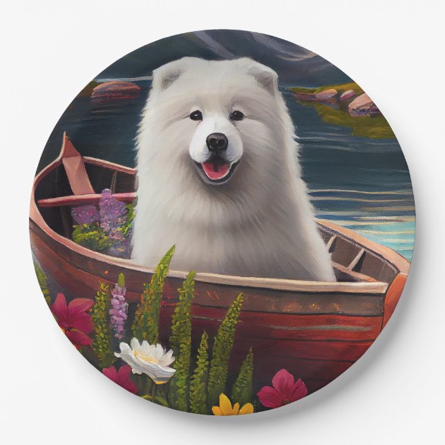 Samoyed on a Paddle: A Scenic Adventure Paper Plate (Front)