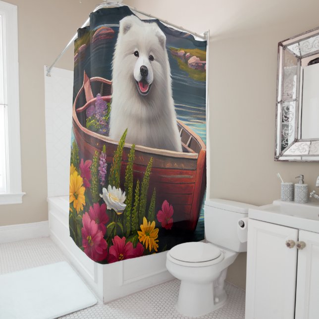 Samoyed on a Paddle: A Scenic Adventure Shower Curtain (In Situ)