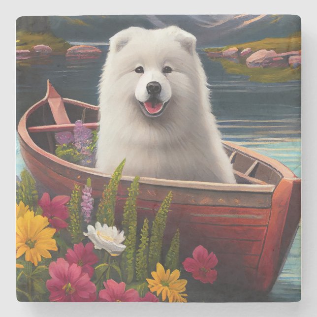 Samoyed on a Paddle: A Scenic Adventure Stone Coaster (Front)