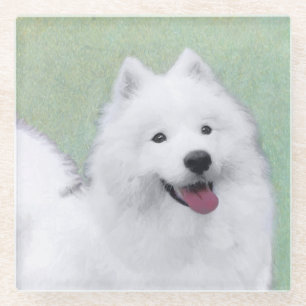 Samoyed Painting - Cute Original Dog Art Glass Coaster
