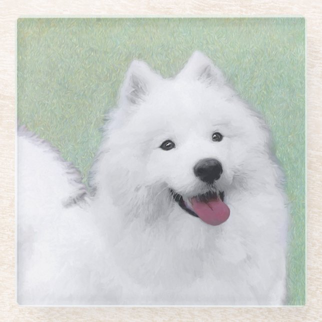 Samoyed Painting - Cute Original Dog Art Glass Coaster (Front)