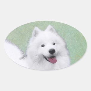 Samoyed Painting - Cute Original Dog Art Oval Sticker