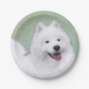 Samoyed Painting - Cute Original Dog Art Paper Plate