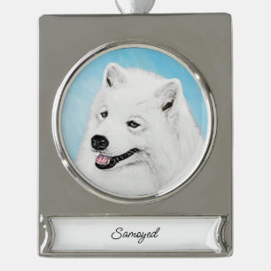 Samoyed Painting - Cute Original Dog Art Silver Pl Plated Banner Ornament