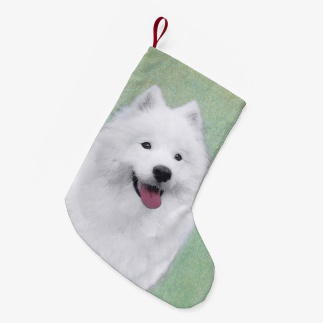 Samoyed Painting - Cute Original Dog Art Small Christmas Stocking (Front (Hanging))