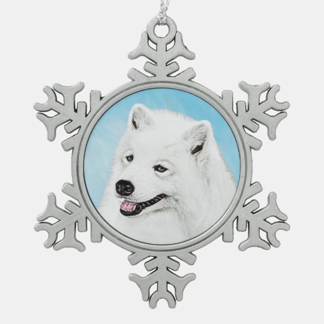 Samoyed Painting - Cute Original Dog Art Snowflake Pewter Christmas Ornament (Front)