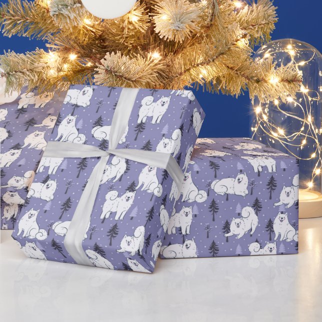 Samoyed Pet Dog With Snow On Pine Trees Background Wrapping Paper (Holidays)
