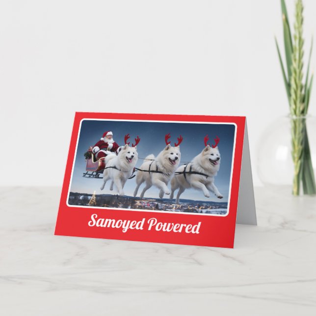 Samoyed Powered Sleigh Folded Greeting Card (Front)