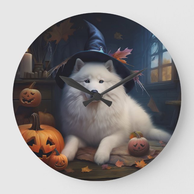 Samoyed Pumpkins Halloween Scary Large Clock (Front)