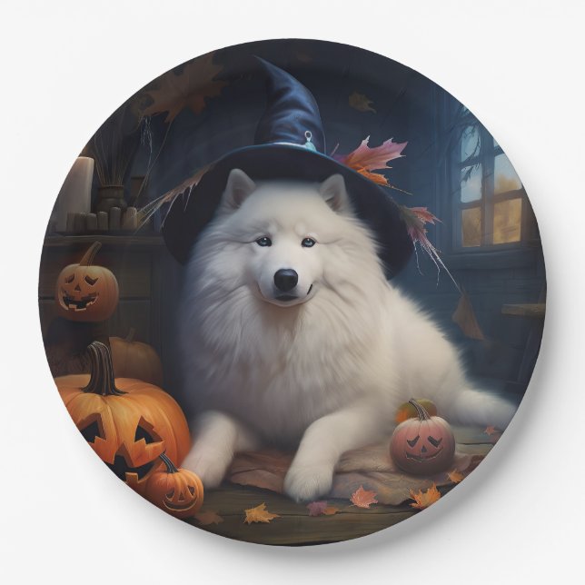 Samoyed Pumpkins Halloween Scary Paper Plate (Front)