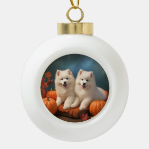 Samoyed Puppy Autumn Delight Pumpkin  Ceramic Ball Christmas Ornament