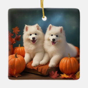 Samoyed Puppy Autumn Delight Pumpkin  Ceramic Ornament