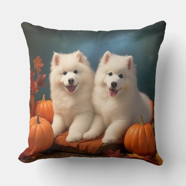 Samoyed Puppy Autumn Delight Pumpkin  Cushion (Front)