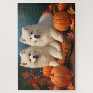 Samoyed Puppy Autumn Delight Pumpkin Jigsaw Puzzle