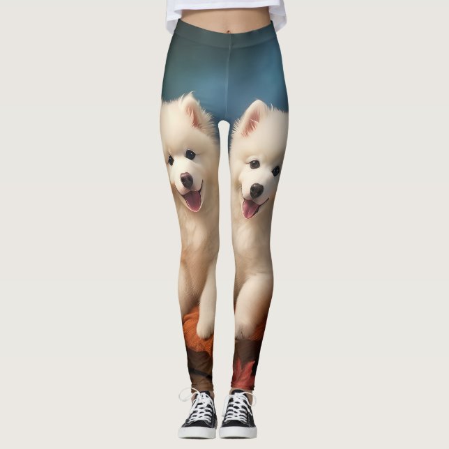 Samoyed Puppy Autumn Delight Pumpkin  Leggings (Front)